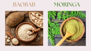 Image du baobab en graine et en poudre et du moringa en feuille et en poudre