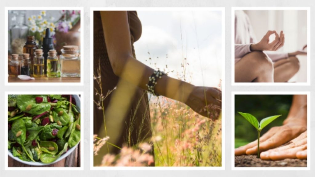 5 images : bouteilles d'huiles essentielles, salade verte, femme assise en position yoga, planter une pousse et une femme qui prend l'air