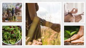5 images : bouteilles d'huiles essentielles, salade verte, femme assise en position yoga, planter une pousse et une femme qui prend l'air